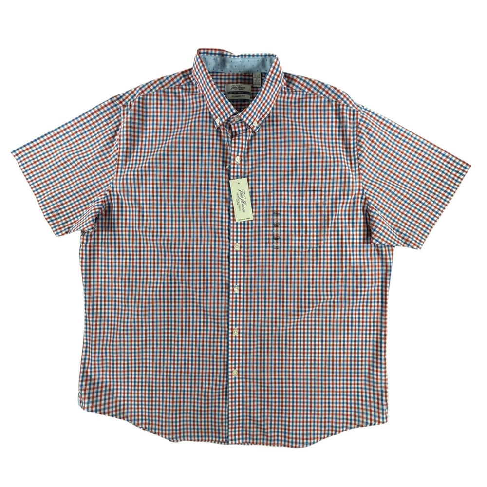Van Heusen Mens XXL Short Sleeve Button Down Shirt Red Blue Gingham Classic Fit